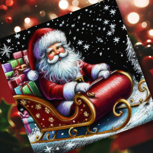 Carte Pastel Noël Fête Santa Claus Sleigh