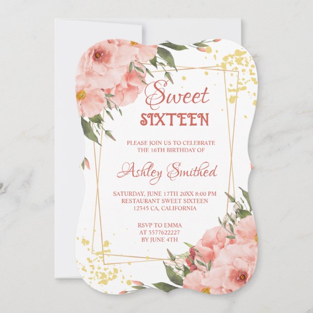 Carte pastel or floral aquarelle douce 16 anniversaire (Devant)