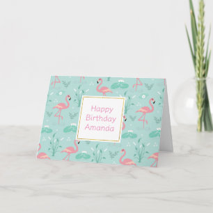 Carte Pastel Pink Flamants roses Vert Motif Anniversaire