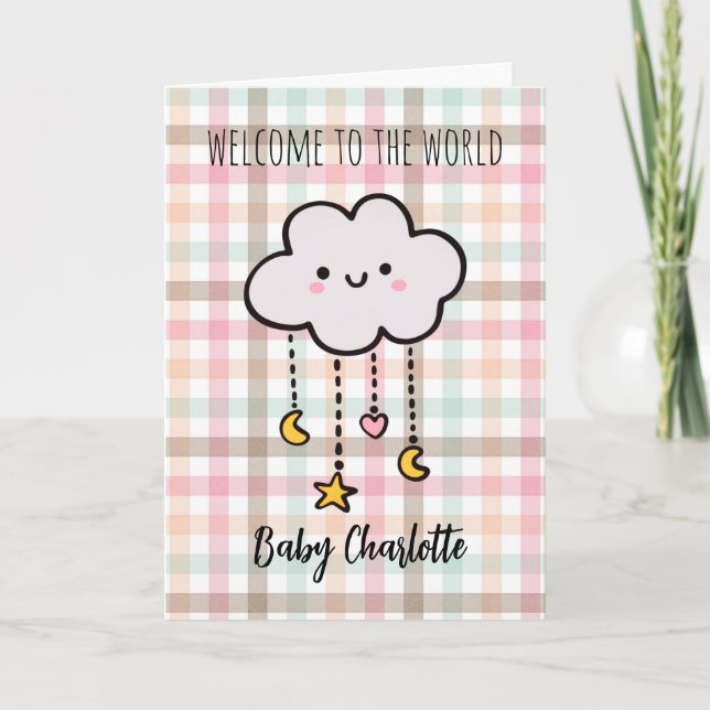 Carte Pastel Plaid Cloud Bienvenue bébé fille (Devant)
