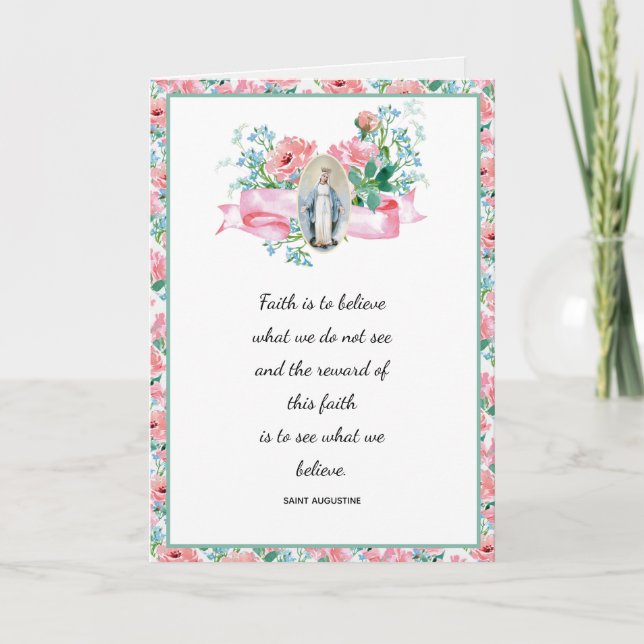 Carte Pastel Rose Floral Religieux Vierge Marie (Devant)