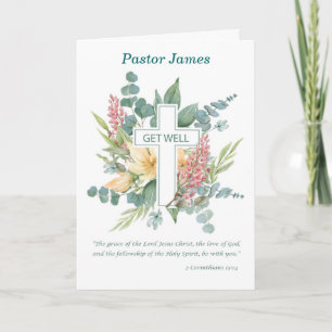 Carte Pasteur bien obtenir Croix religieuse avec Fleurs 