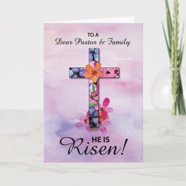 Carte Pasteur et famille Pâques Il est ressuscité Fleurs (Devant)