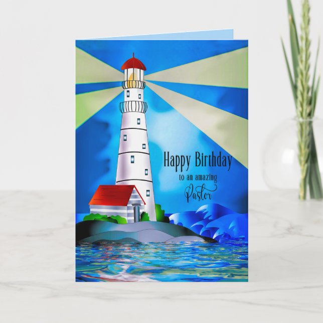 Carte Pastor Birthday phare phare lumière pour la mer (Devant)
