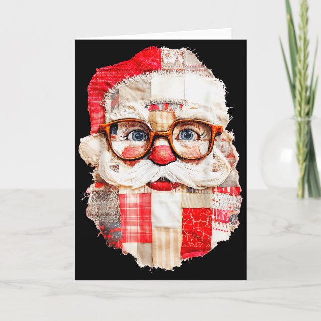 Carte Patchwork Santa Claus Face Preppy Girly Christmas  (Devant)