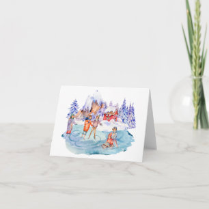 Carte Patinage vintage par les montagnes d'hiver
