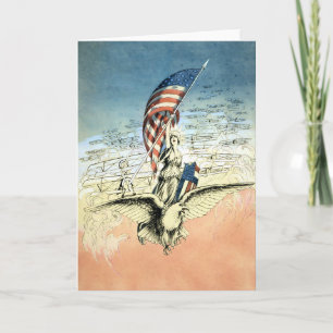 Carte Patriotique vintage, Dame, Aigle avec drapeau amér