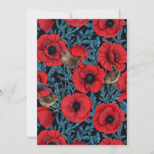 Carte Pavot rouge et brunes, feuilles bleus sur noir
