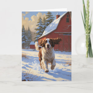 Carte Paysage de grange hivernale avec English Springer