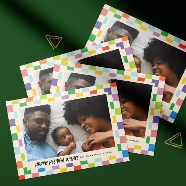 Carte Paysage en damier de couleur vive (Colorful checkerboard patterned landscape orientation folded photo holiday card with message inside)