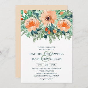 Carte Peach Jade Turquoise Floral Aquarelle Mariage Invi