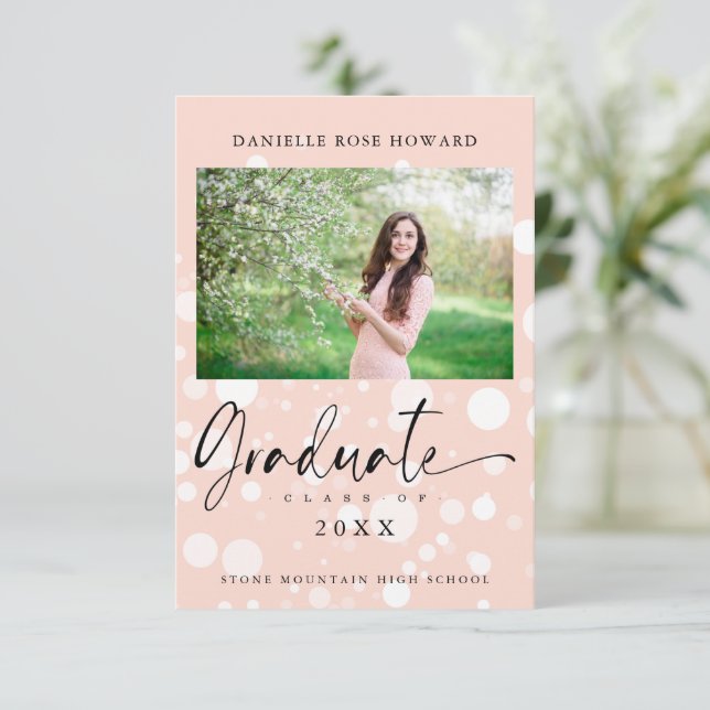 Carte Peach Polka Dot Custom Photo Graduate Graduation (Debout devant)
