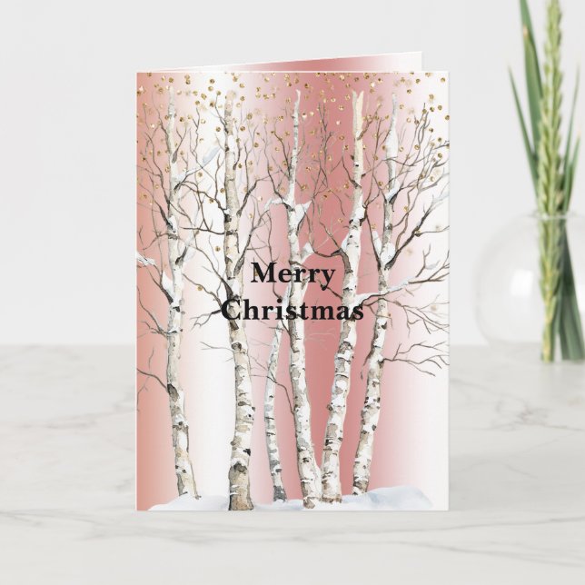 Carte Peach Rose Birch Trees Gold Glitter Christmas (Devant)