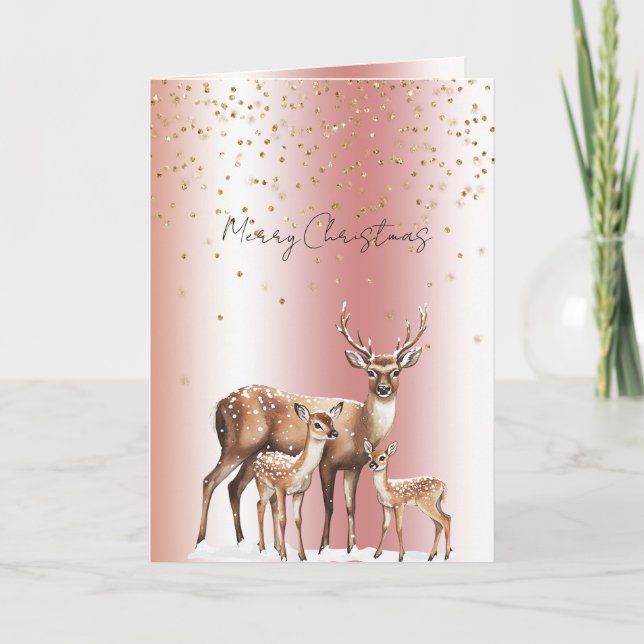 Carte Peach Rose Deer Gold Glitter Christmas (Devant)