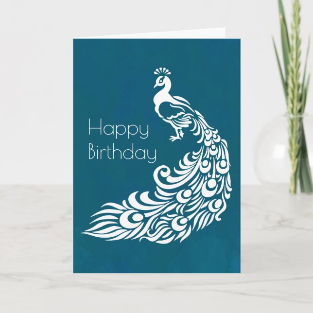 Carte Peacock blanc sur Turquoise Joyeux anniversaire (Devant)