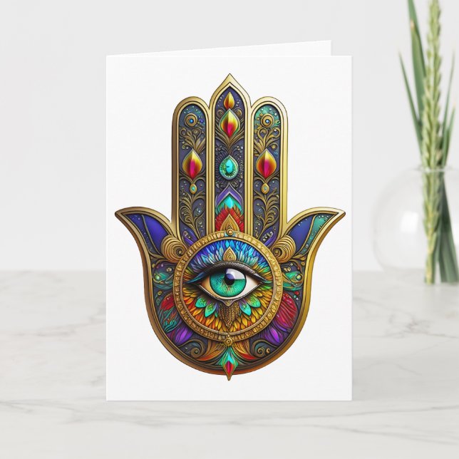 Carte Peacock Color Flower Petals Hamsa Green Third Eye (Devant)