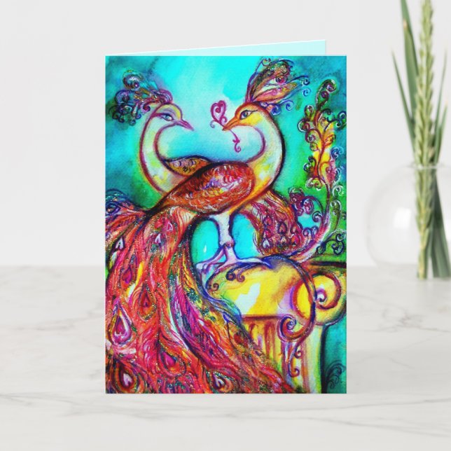 Carte PEACOCKS EN AMOUR rouge bleu turquase vert (Devant)