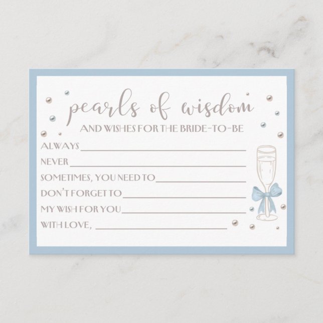 Carte Pearls and Prosecco Blue Bow Bridal Shower Card (Devant)