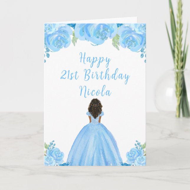 Carte Peau foncée Princesse Florale Bleue Fête d'anniver (Devant)