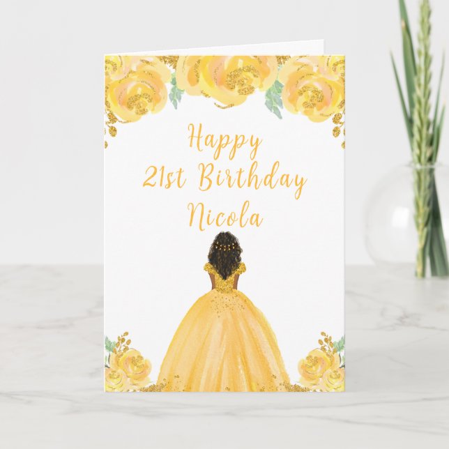 Carte Peau foncée Princesse or Floral fête d'anniversair (Devant)