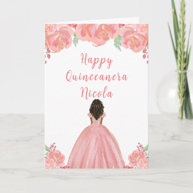 Carte Peau foncée princesse rose Floral Quinceanera (Devant)