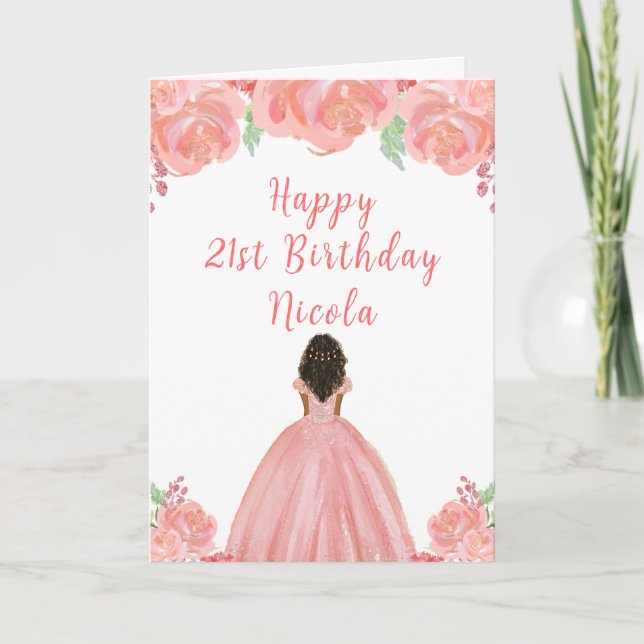 Carte Peau foncée princesse rose florale fête d'annivers (Devant)