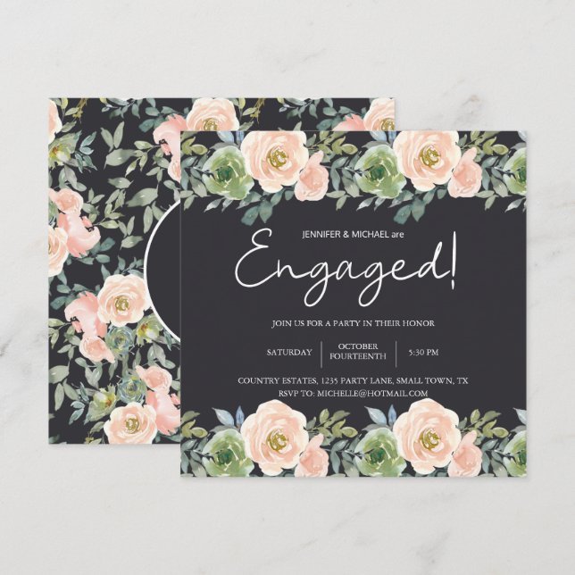 Carte Pêche Green Navy Pastel Floral Élégant Fiançailles (Devant / Derrière)