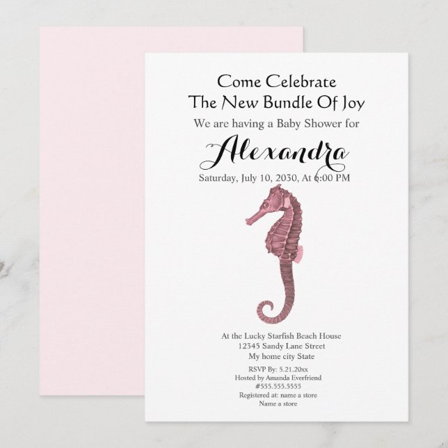 Carte Pêche Seahorse Rose Girl Baby shower Floral (Devant / Derrière)