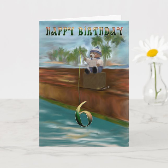 Carte Pêche Teddy Bear Joyeux 6 Anniversaire (Petite plante)