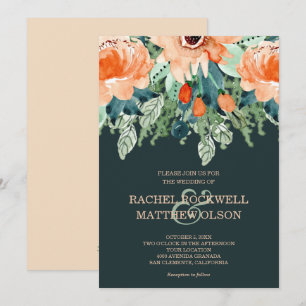 Carte Pêcher Turquoise Floral Aquarelle Mariage Invitati