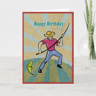 Carte Pêcheur attraper poisson avec canne à pêche vintag