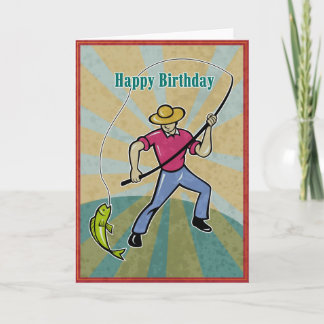 Carte Pêcheur attraper poisson avec canne à pêche vintag