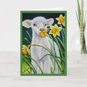 Carte Peinture aquarelle Agneau bébé et jonquilles de pr