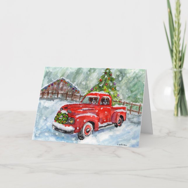 Carte Peinture d'aquarelle de Noël 2 Boxes, camion rouge (Devant)