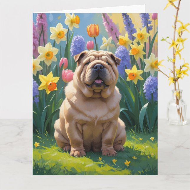 Carte Peinture de chien Shar Pei et fleurs de printemps (Fleur jaune)
