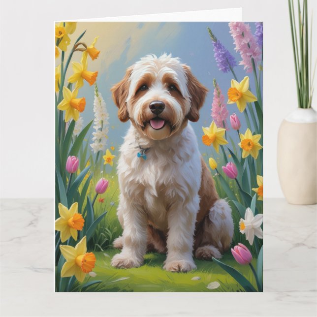 Carte Peinture de fleurs de printemps Bernedoodle  (Devant)