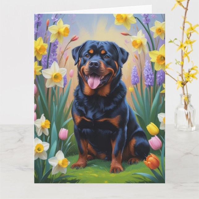 Carte Peinture de fleurs de printemps de chien Rottweile (Fleur jaune)