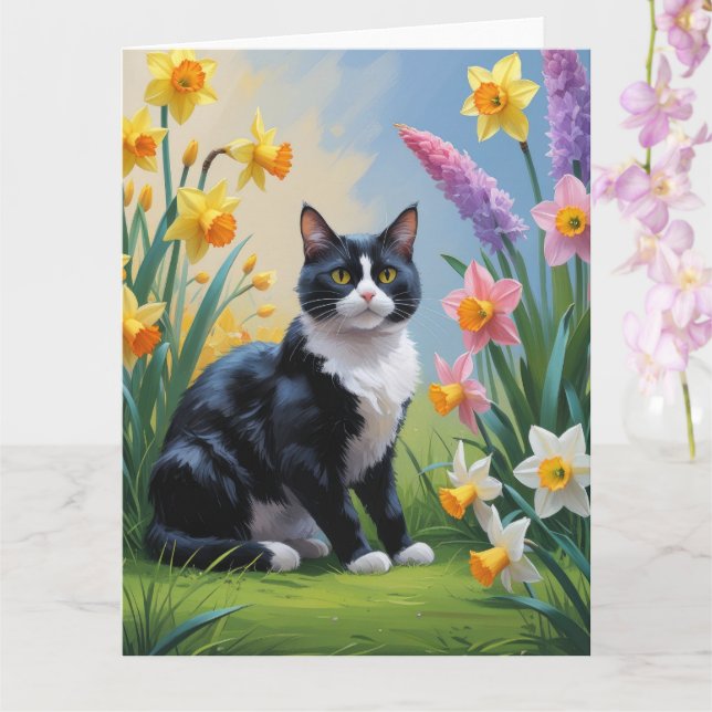 Carte Peinture de fleurs printanières au chat smoking  (Orchidée)