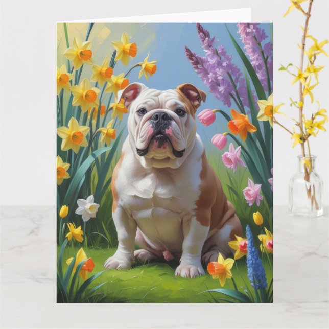 Carte Peinture de fleurs printanières Bulldog (Fleur jaune)