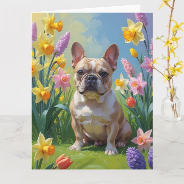 Carte Peinture de fleurs printanières de Bouledogue fran (Fleur jaune)