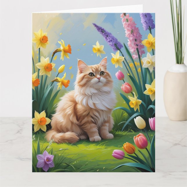 Carte Peinture de fleurs printanières de chat angora tur (Devant)