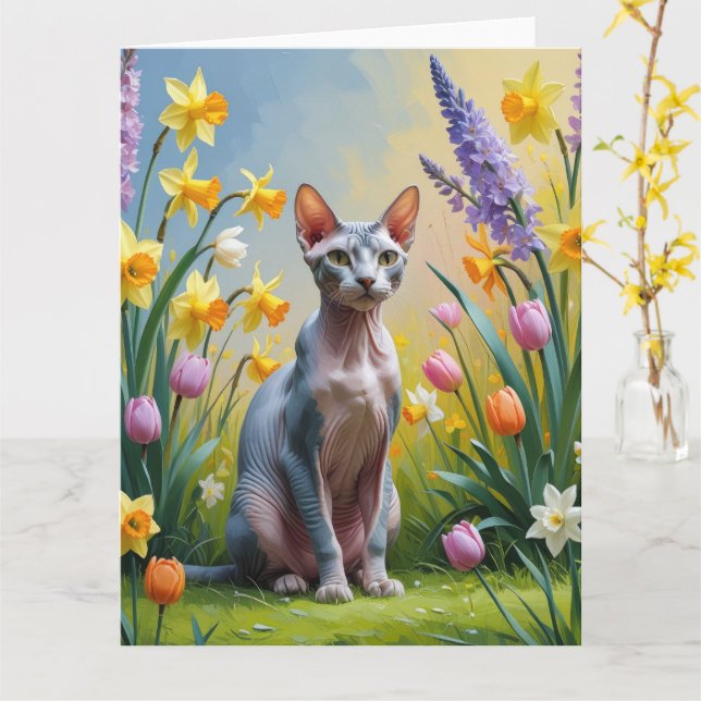 Carte Peinture de fleurs printanières de chat Sphynx (Fleur jaune)