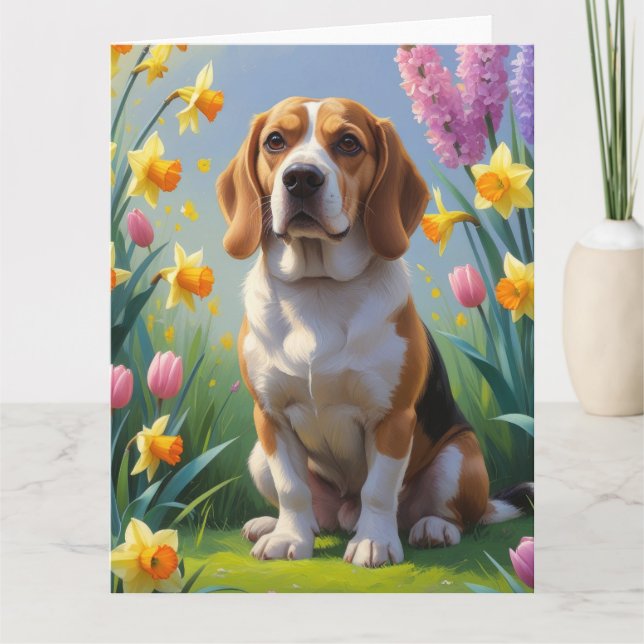 Carte Peinture de fleurs printanières de chien Beagle  (Devant)