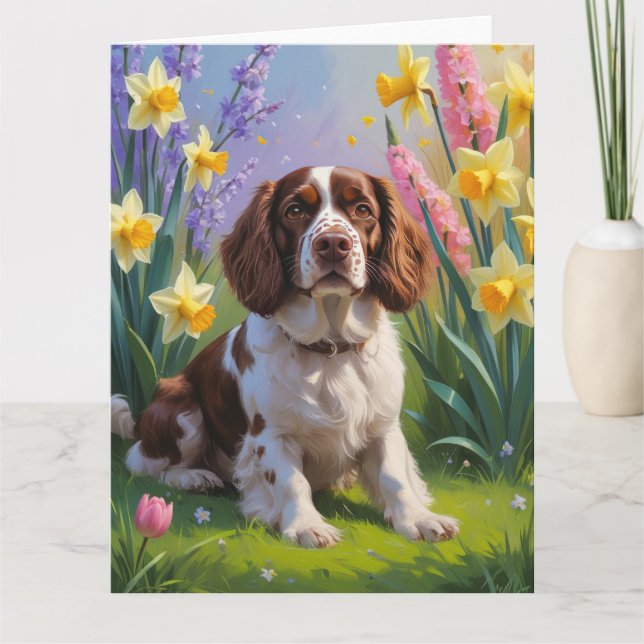 Carte Peinture de fleurs printanières de chien Brittany  (Devant)