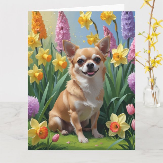 Carte Peinture de fleurs printanières de chien Chihuahua (Fleur jaune)
