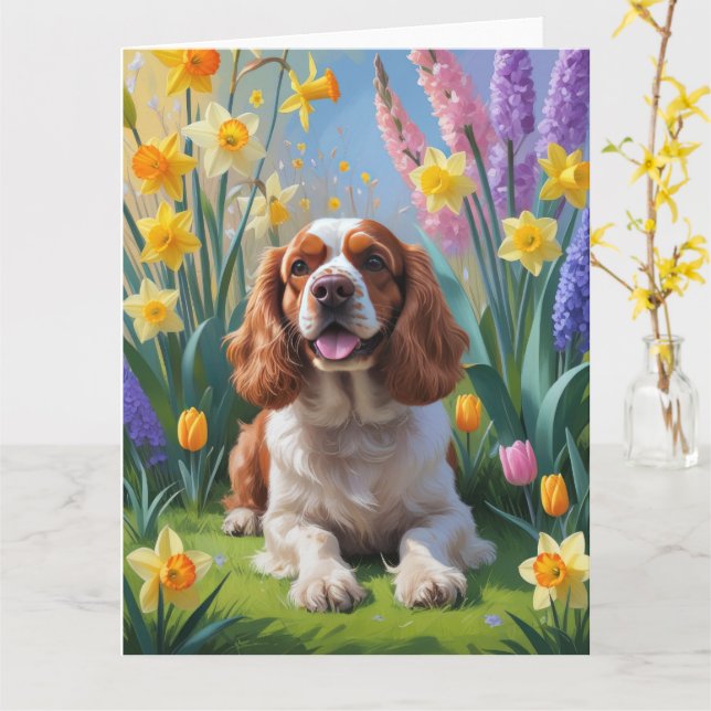 Carte Peinture de fleurs printanières de chien Cocker Sp (Fleur jaune)