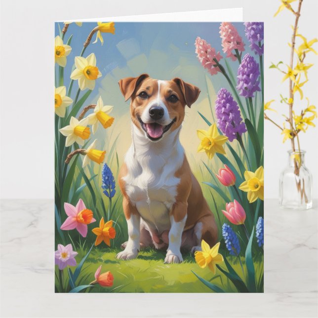 Carte Peinture de fleurs printanières de chien Jack Russ (Fleur jaune)
