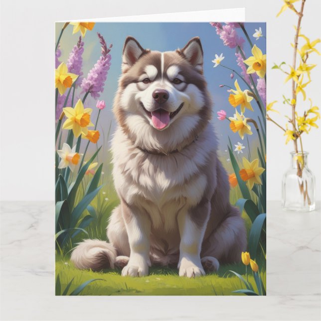 Carte Peinture de fleurs printanières de chien Malamute  (Fleur jaune)