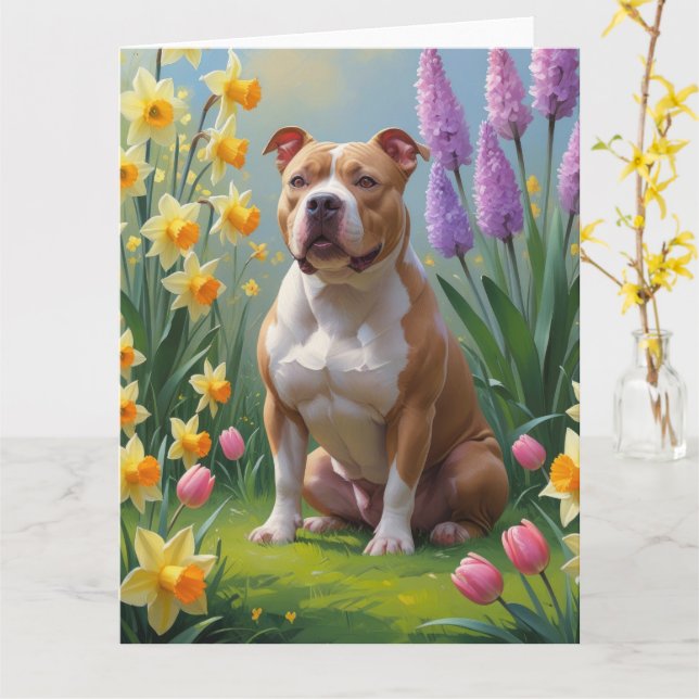 Carte Peinture de fleurs printanières de chien Pitbull  (Fleur jaune)