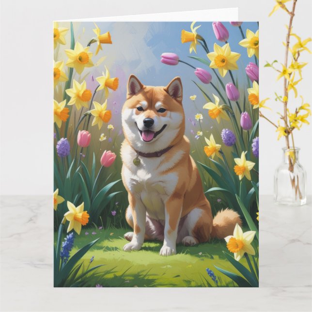 Carte Peinture de fleurs printanières de chien Shiba Inu (Fleur jaune)
